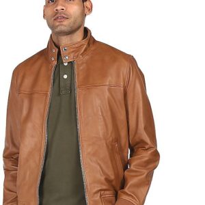 Men Brown High Neck Harrington Jacket