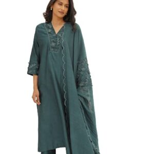 Neelu Sethi - Teal Floral Print Chanderi Kurta Palazo Set