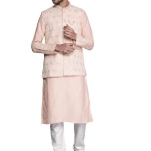 Manyavar Kurta Jacket Set for Men, Full Sleeves Mandarin Collar Ethnic Wear Jacket Set for Festival, Wedding, Party Blended Viscose (Pink)