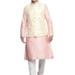 Manyavar Mens Jacket, Nehru Jacket for Men, Ethnic Jacket for Festival, Anniversary, Wedding, Party, Sleevless Jacket (Beige)