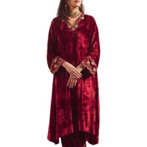 Neelu Sethi's - Maroon Velvet Embroidery Suit With Velvet Odhni