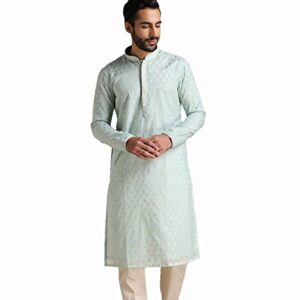 Manyavar Kurta Set for Men, Full Sleeves Mandarin Collar Ethnic Men's Kurta Set for Engagement, Wedding, Party Chanderi Printed (Pista)