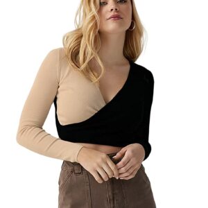SIGHTBOMB Color Block Two Tone WRAP Around Stitched Cardigan Full Sleeves Ribbed Tops for Women