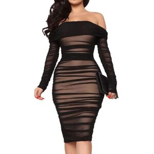 Nhicdns Women's Sexy Off The Shoulder Mesh Long Sleeve Ruched Bodycon Club Midi Dress for Party Cocktail Clubwear