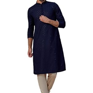 Manyavar Kurta Set for Men, Full Sleeves Mandarin Collar Ethnic Men's Kurta Set for Engagement, Wedding, Party Blended Cotton Embroidery (Blue)