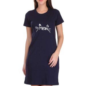 Tees World |Meow| Graphic Printed Bio-Washed Pure Cotton Knee Length T-Shirt Dress for Women and Girls |