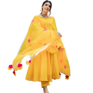 REXIFY Women's Latest Rayon Ankle Length Anarkali Suit with Pant & Printed Dupatta Set a Complete Set (Yellow)