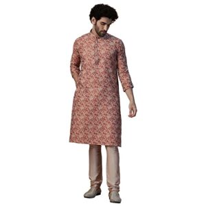 Manyavar Kurta Set for Men, Full Sleeves Mandarin Collar Ethnic Men's Kurta Set for Engagement, Wedding, Party Blended Cotton Printed (Rust)
