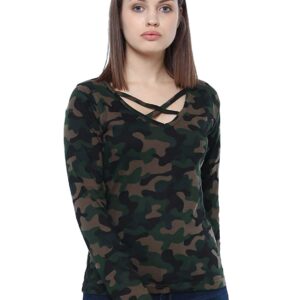 Veirdo Pure Cotton Regular Fit V Neck Full Sleeves Camoflauge T-Shirt for Women & Girls (GL_02_CAMO)