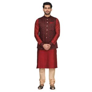 Manyavar Men's Silk Blend Regular Fit Kurta (JAST148-307_Maroon_L)