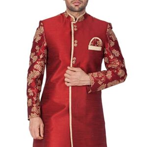 Vastramay Men's Maroon n Gold Cotton Silk Blend Sherwani Only Top