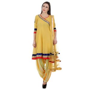 Devaleena Creations Yellow Chanderi Short Anarkali-Peacock embroidery on the sleeves for Ladies
