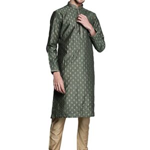 Manyavar Kurta Set for Men, Full Sleeves Mandarin Collar Ethnic Kurta Set for Engagement, Wedding, Party Solid (Green)