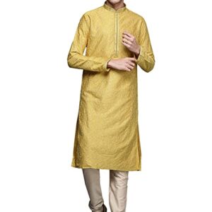 Manyavar Kurta Set for Men, Full Sleeves Mandarin Collar Ethnic Kurta Set for Engagement, Wedding, Party All Over Self Design (Mustard)
