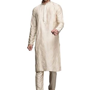 Manyavar Kurta Set for Men, Full Sleeves Mandarin Collar Ethnic Kurta Set for Engagement, Wedding, Party Solid (Beige)