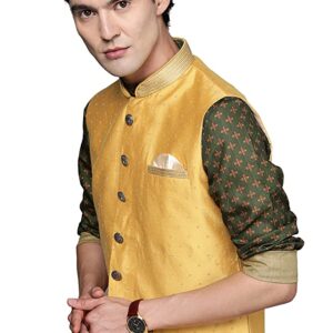 Manyavar Mens Jacket, Nehru Jacket for Men, Ethnic Jacket for Festival, Wedding, Party Sleevless Jacket (Mustard)