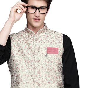Manyavar Mens Jacket, Nehru Jacket For Men, Ethnic Jacket for Festival, Wedding, Party, Sleevless Jacket (Off White)
