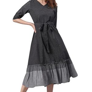 Janasya Women's Black Cotton Western Dress with Pocket