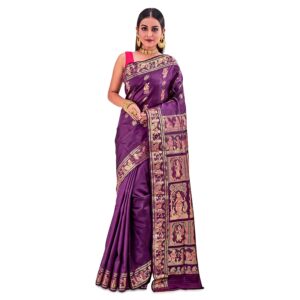 SareesofBengal Women's Katan Silk Meenakari Baluchari Swarnachari Saree Purple (B0213)