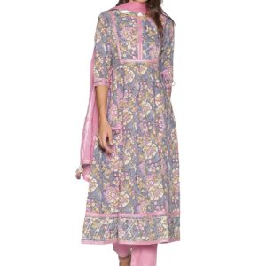 RAJMANDIRFABRICS Women's Cotton Anarkali Kurta Pant & Dupatta Set (Grey)