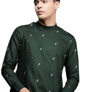 Manyavar Men's Kurta, Full Sleeves Mandarin Collar Ethnic Knee-Length Kurta Only, Kurta for Festival, Wedding, Party, and Anniversary, Blended Linen (Green)